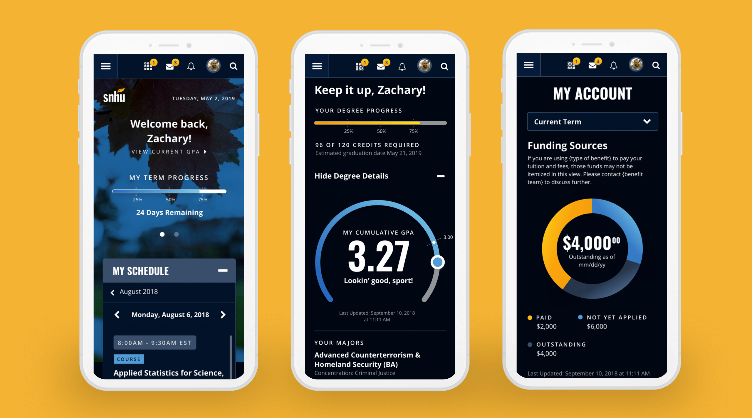 Image of SNHU's new student portal on a smartphone device, in dark mode